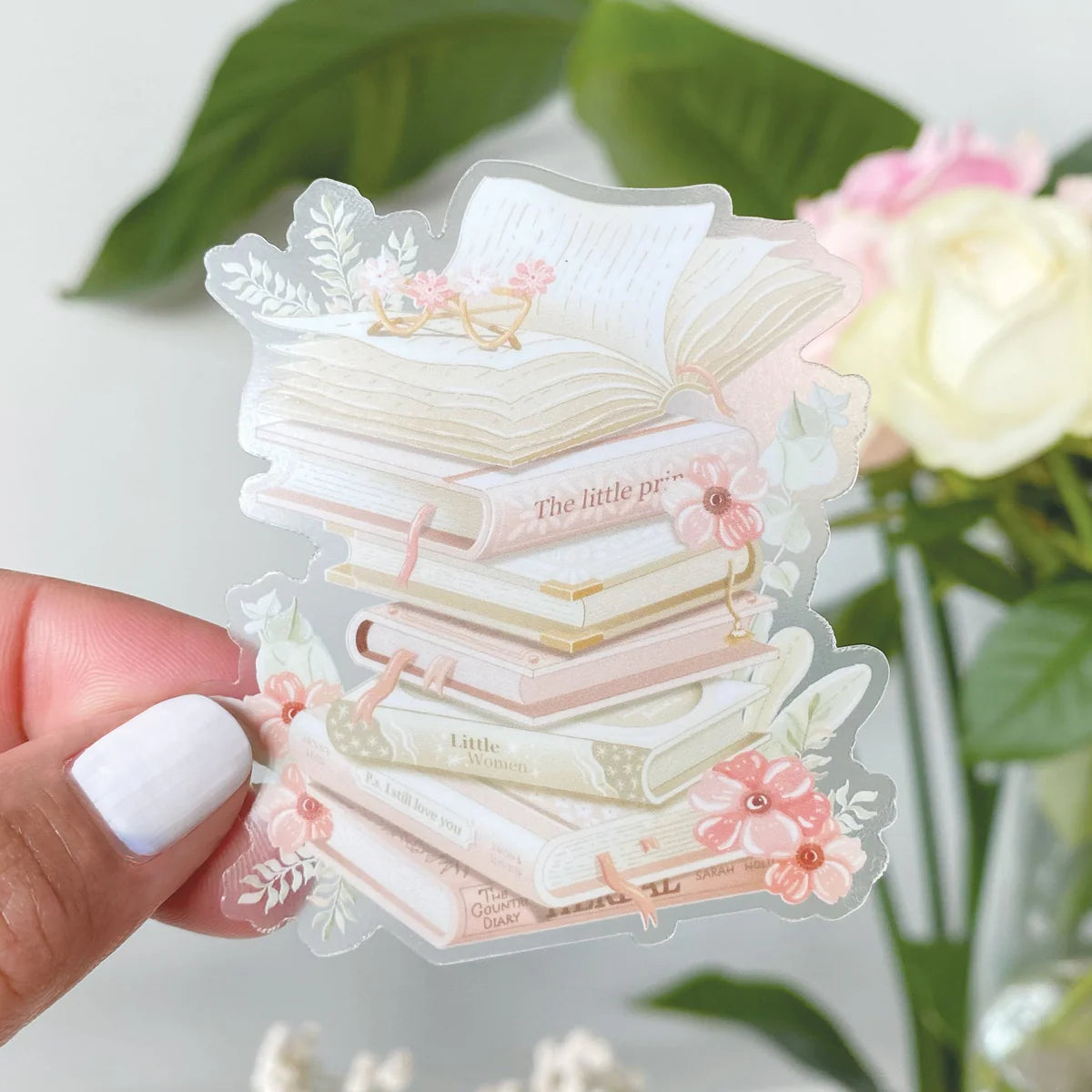 Book Sticker Clear Background Stacked Books Clear Vinyl Sticker – Stickers and Stories
